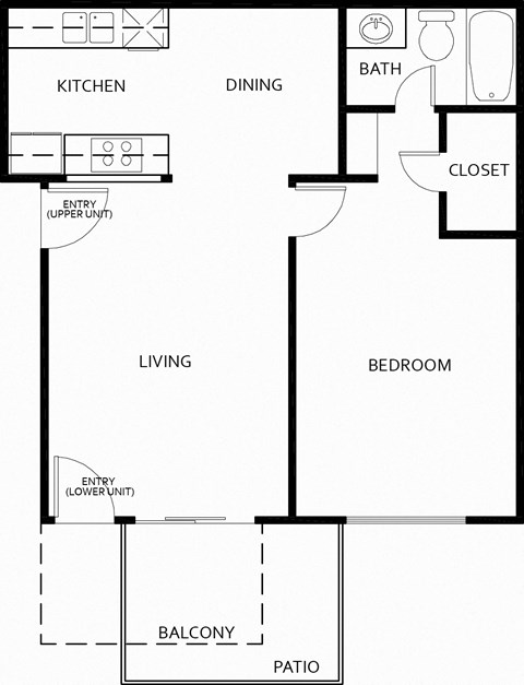 Floor plan for 1 bed, 1 bath, 665 sqft